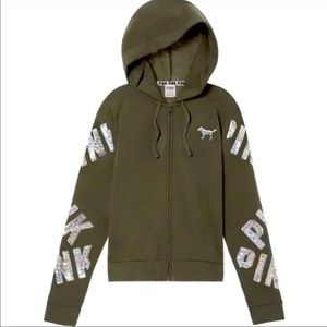 Victoria Secrets PINK Army Green Sequin Zip Up Hoodie